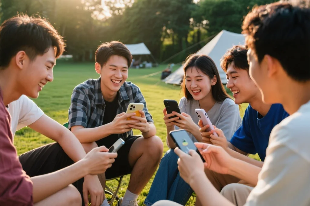 户外场景中,几位年轻人围坐在一起,使用不同设备愉快地体验娱乐APP